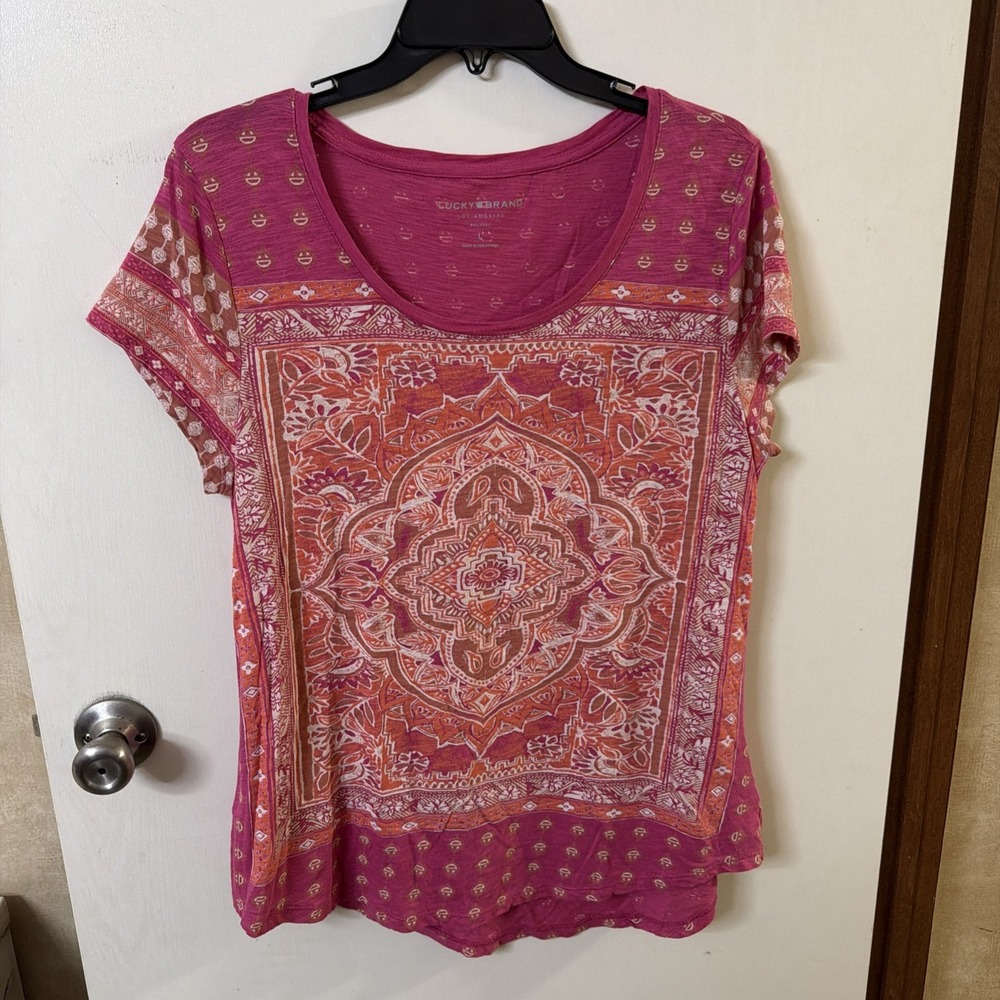Lucky Brand Women Magenta Pink Purple Large Top Shirt Tunic Cotton